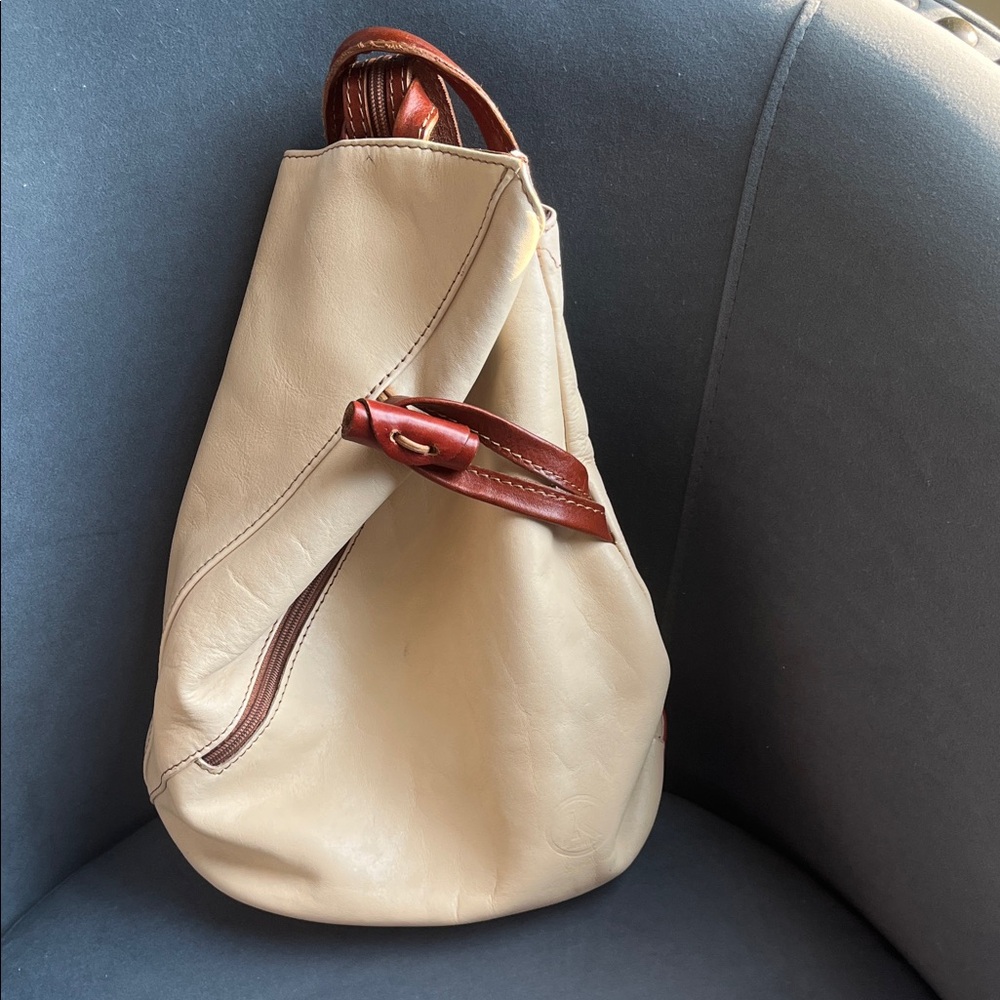 Cream and Brown Leather Sling Backpack
